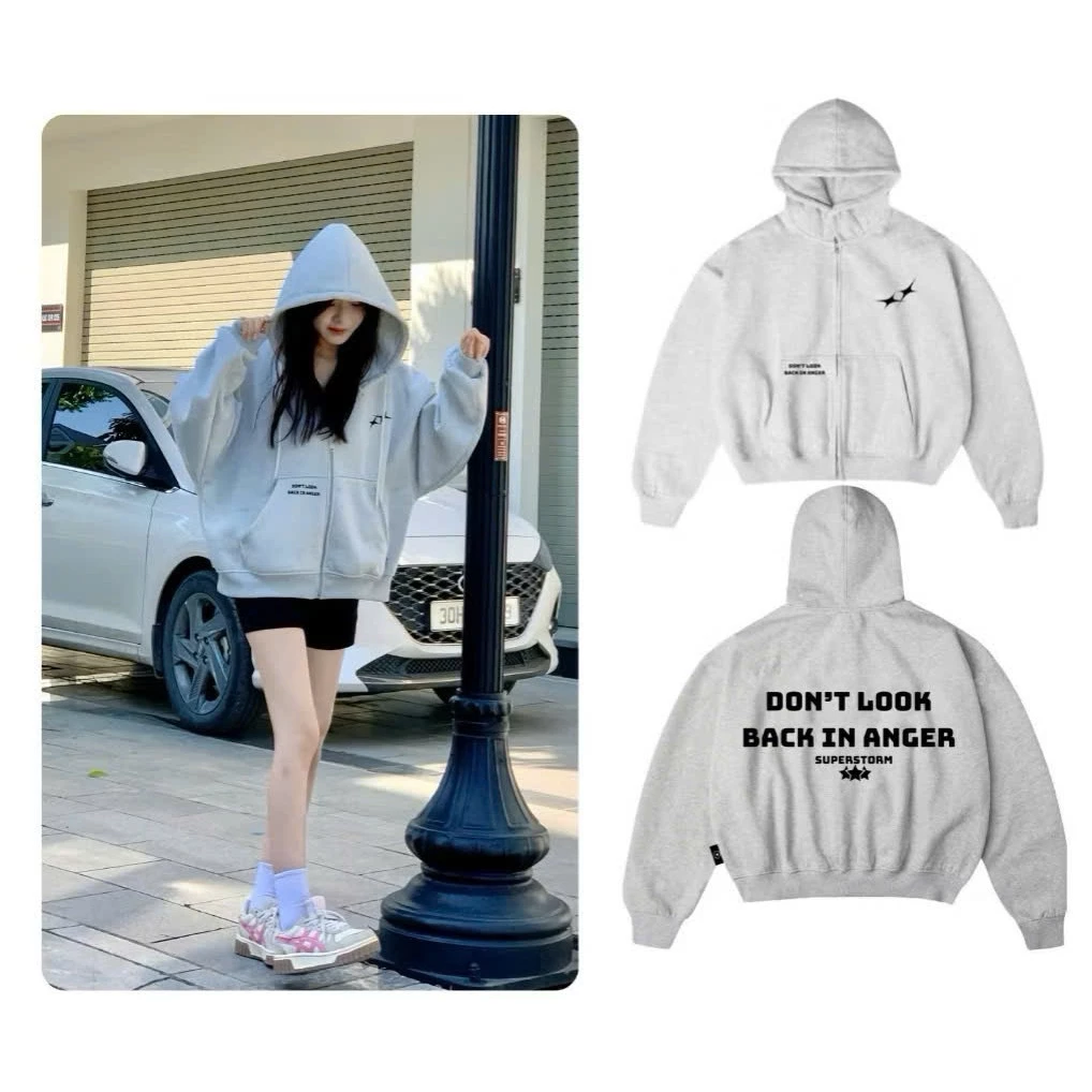 Áo Khoác Hoodie Zip Nỉ Khóa Kéo DON'T LOOK BACK IN ANGER Nón To 2 Lớp Form Rộng Uniex (Có Túi Trong)