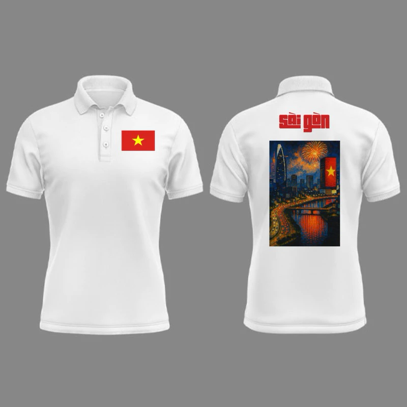 ÁO LÁ CỜ VIỆT NAM VÀ HÌNH ẢNH SÀI GÒN - VẢI CÁ SẤU POLY - VIỄN PHÁT UNIFORM