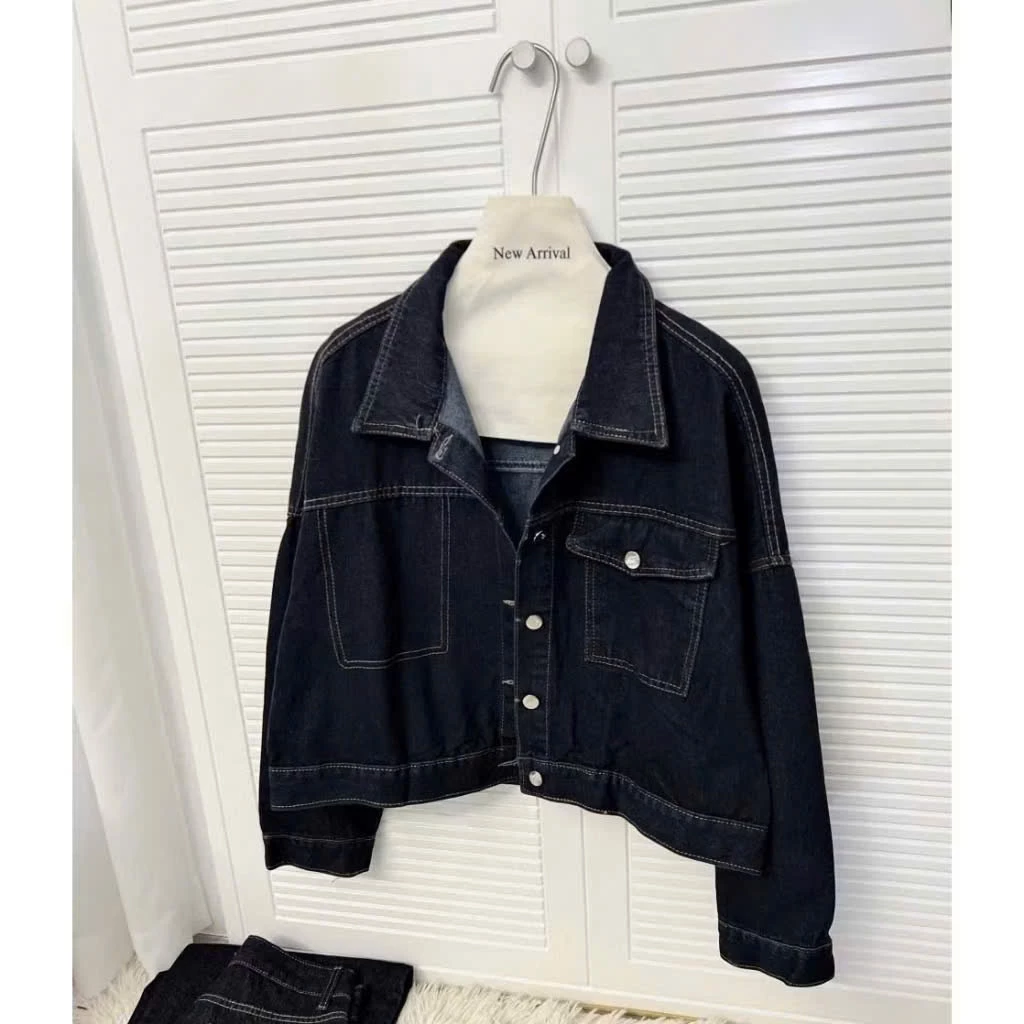 Áo Denim Ngắn Croptop Áo khoác jeans nữ dáng lửng bò xanh chỉ nổi túi vuông