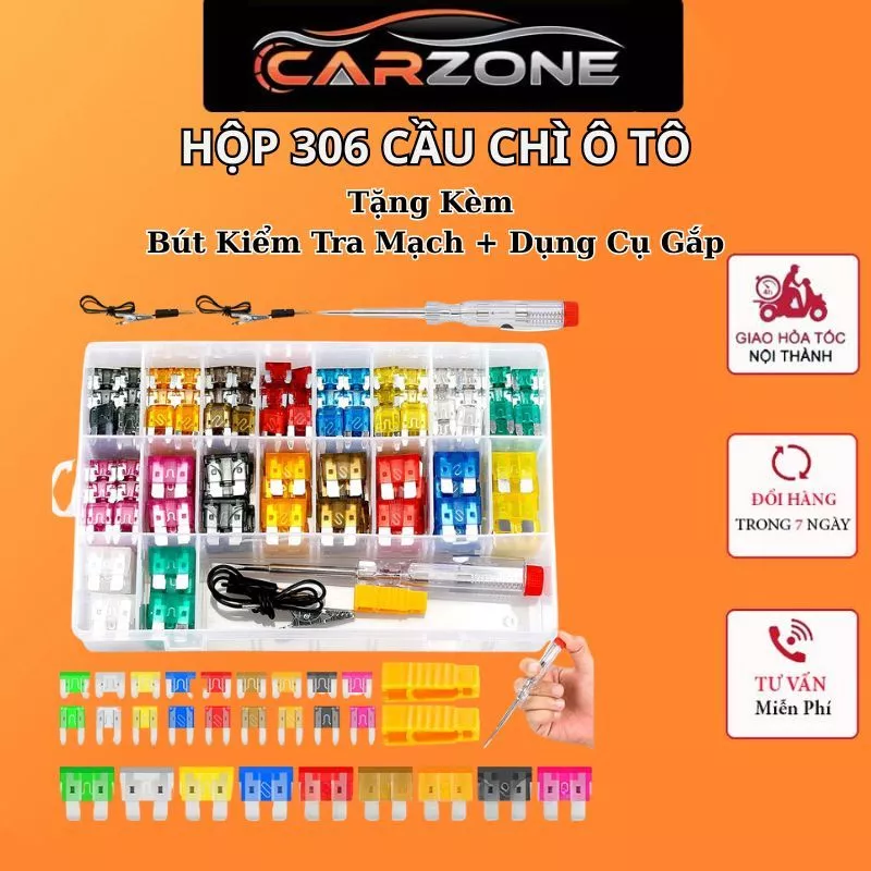 Hộp Cầu Chì 306 Chiếc Cho Ô Tô, Xe Máy (2A-40A) – Có Bút Kiểm Tra & Kẹp Gắp