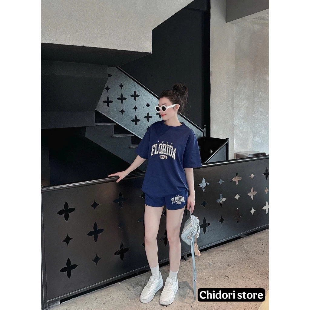 Set Bộ Cộc Tay Nữ CHIDORI From Rộng Basic Logo In Chuyển Nhiệt Chất Vải Umi Lạnh Co Giãn Thoáng Mát
