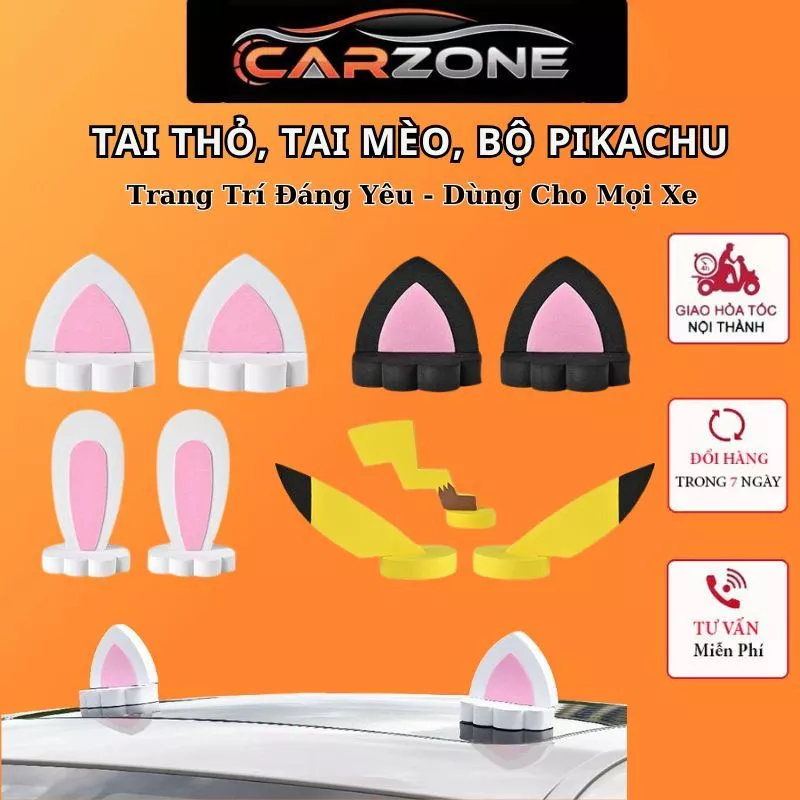 Tai Thỏ, Mèo, Pikachu Trang Trí Xe Hơi – Dán Nóc Xe Cực Cute, Hợp Mọi Dòng Xe