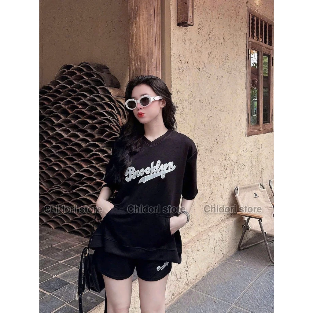 Set Bộ Cộc Tay Nữ Cổ Tim From Rộng Chất Vải Umi Lạnh Logo In Chuyển Nhiệt Cao Cấp Made In CHIDORi