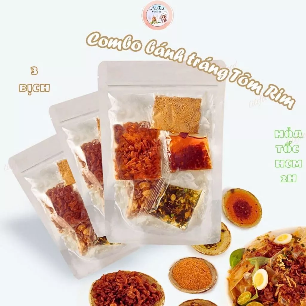 COMBO 3 Bịch Bánh Tráng Dẻo Trộn Mỡ Hành Sa Tế Tôm Rim | LiliFood