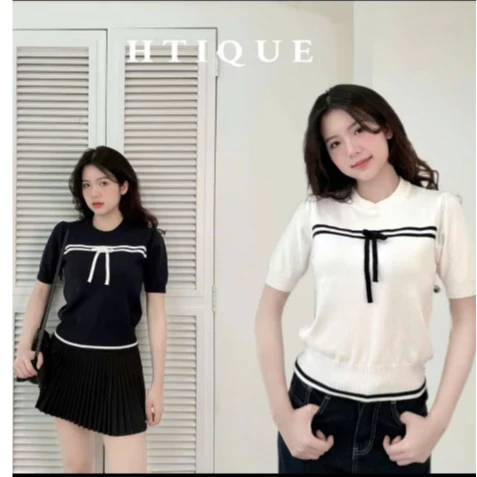Áo Thun Nữ Freesize Nơ Ngực Phối Kẻ Đen Trắng - Thiết Kế Cổ Tròn Trẻ Trung Chuẩn Style Hàn Quốc HT01