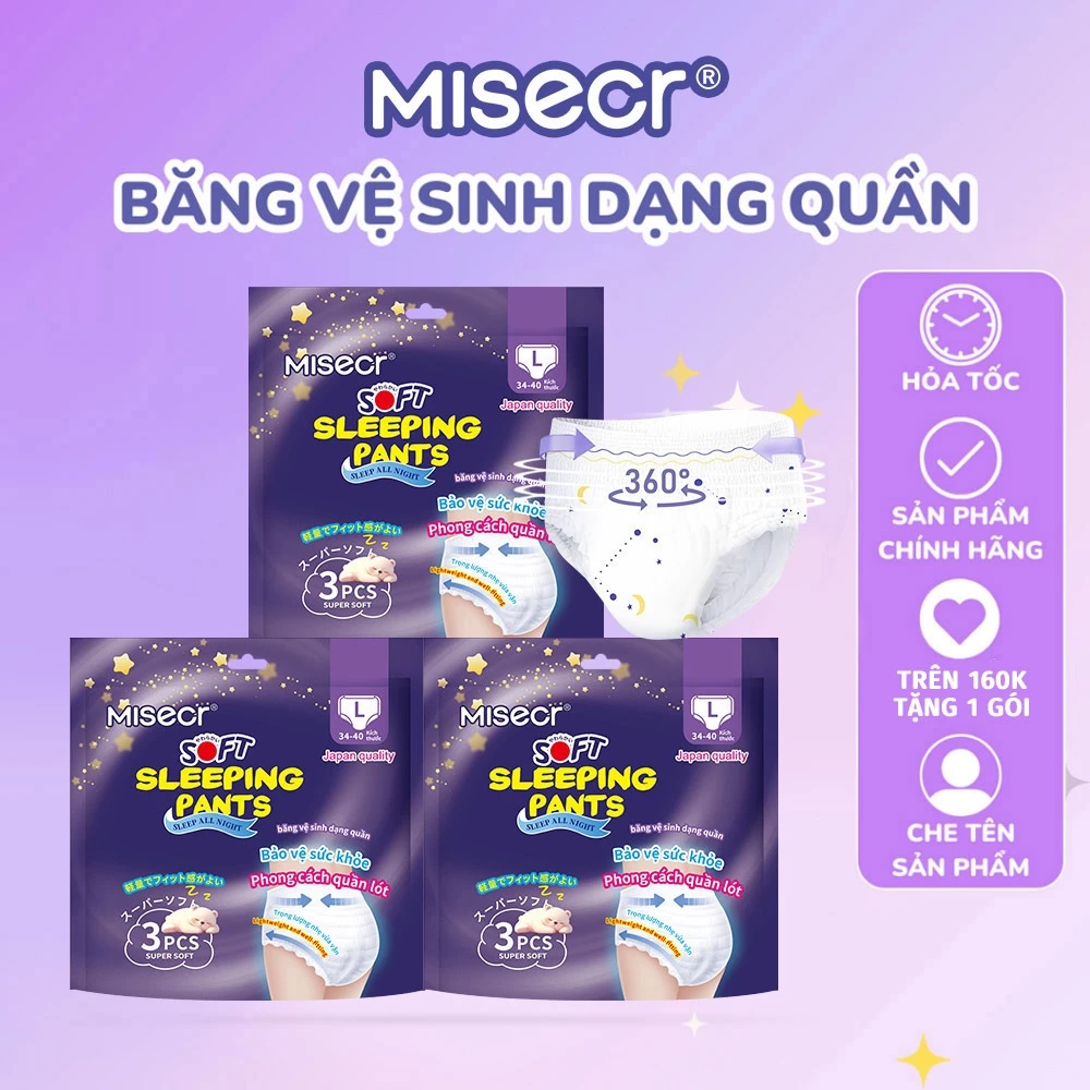 Băng vệ sinh nữ thương hiệu Misecr  3 miếng / gói, băng vệ sinh siêu mỏng, thoáng khí cho nữ