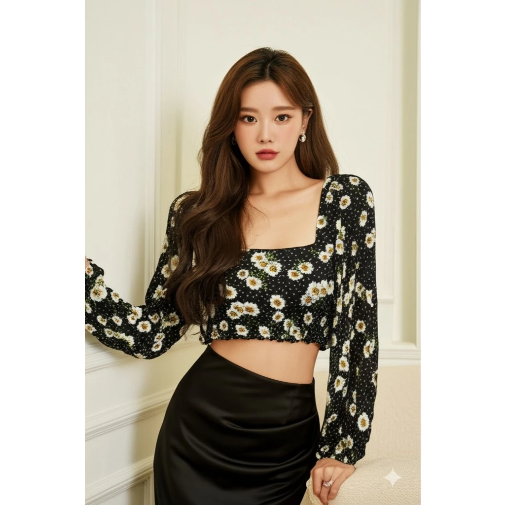 (Size S) Áo Zara auth new tag có lót hoa cúc chấm bi croptop tay dài 2385/425