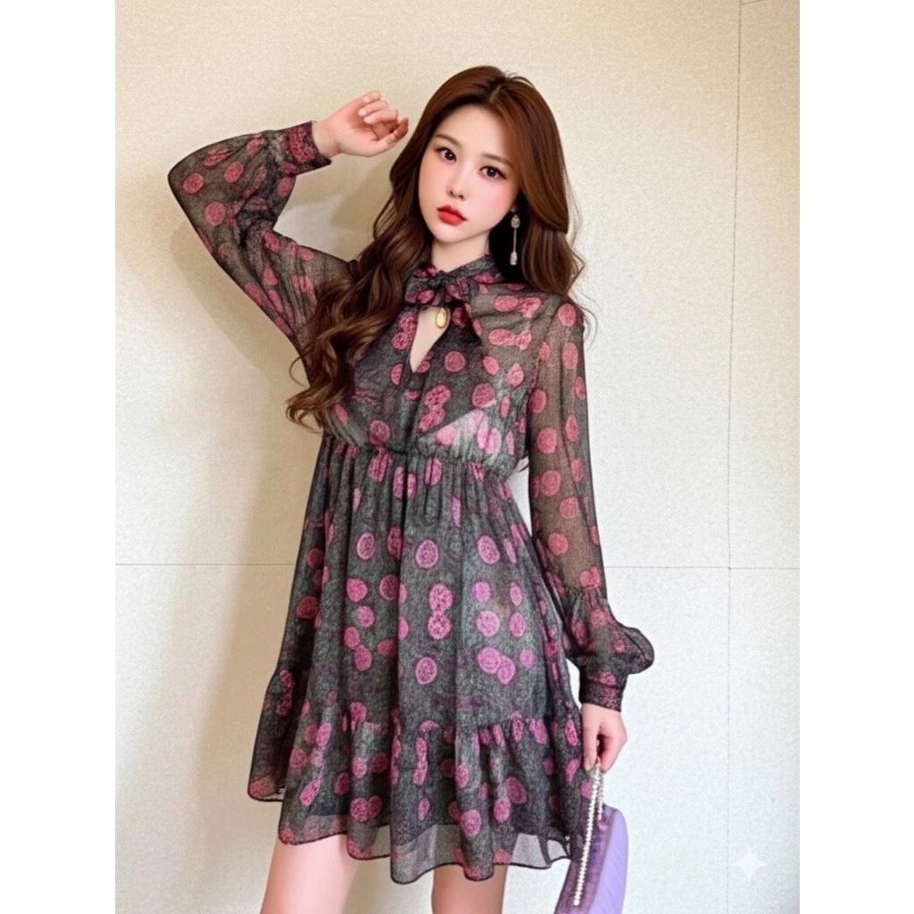 (Size XS) ZARA Đức - Đầm váy sale auth new tag cao cấp chính hãng 8475/398 hoa chiffon voan mỏng xòe nơ cổ vintage ngắn