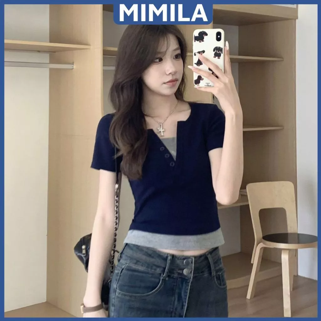 [CÓ SIZE] Áo Thun Babytee Tay Ngắn Dáng Vừa Cổ Tym MIMILA Phối Hai Màu Cá Tính Chất Thun Gân Dày