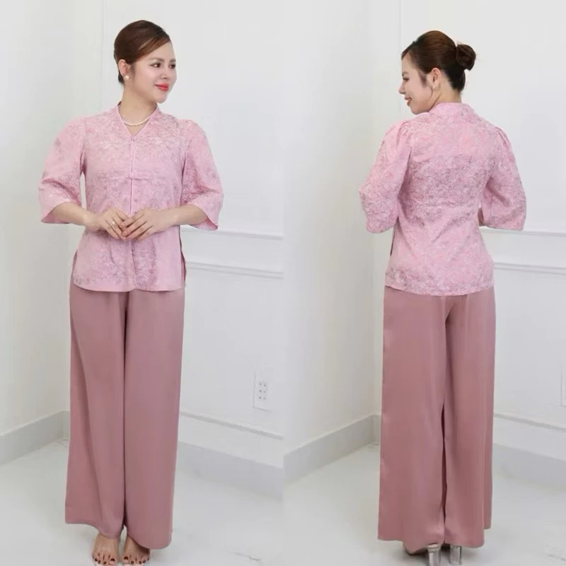Đồ bộ trung niên hai chị em, set đồ kiểu các mẹ, quần dài ống suông chất gấm lụa sang trọng, thoáng mát MS75