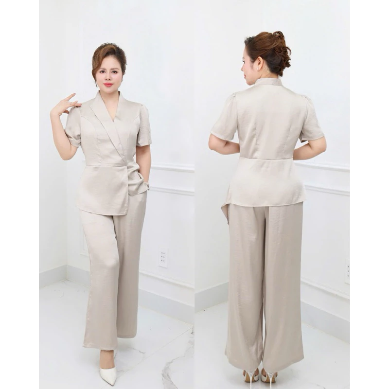 Đồ bộ trung niên hai chị em, set cho mẹ áo kiểu cổ vest, quần ống suông chất lụa thoáng mát MS73