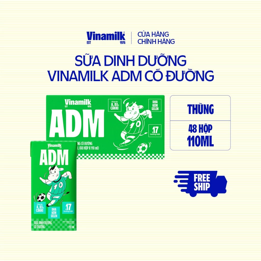 Sữa dinh dưỡng Vinamilk ADM Có Đường - Thùng 48 hộp 110ml