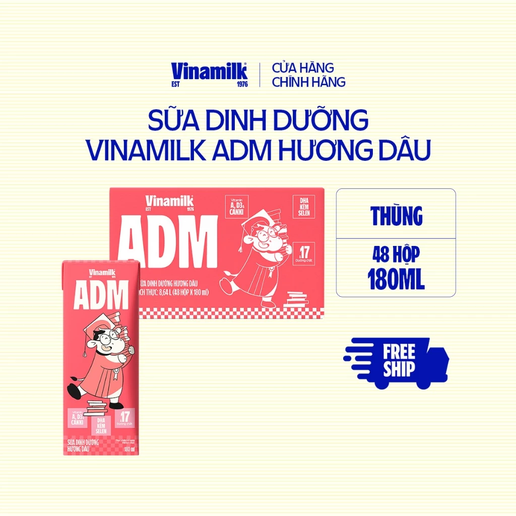 Thùng 48 Hộp sữa dinh dưỡng Vinamilk ADM Hương dâu 180ml