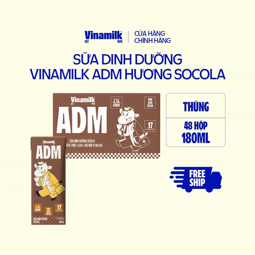 Sữa dinh dưỡng Socola Vinamilk ADM - Thùng 48 hộp 180ml