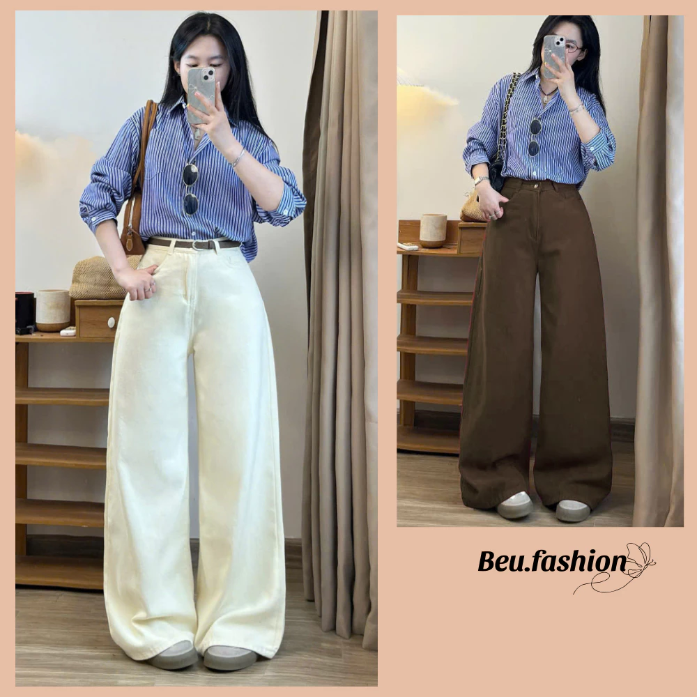 Quần jean kaki nữ ống rộng dáng suông cạp cao màu nâu tây be trắng (có bigsize) - quần jeans ống đứng trơn KYUBI QK28