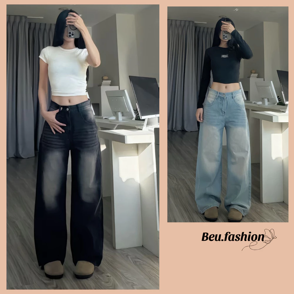 Quần jean ống suông MIAA cạp cao form rộng màu wash retro, quần bò ống rộng suông đứng có bigsize