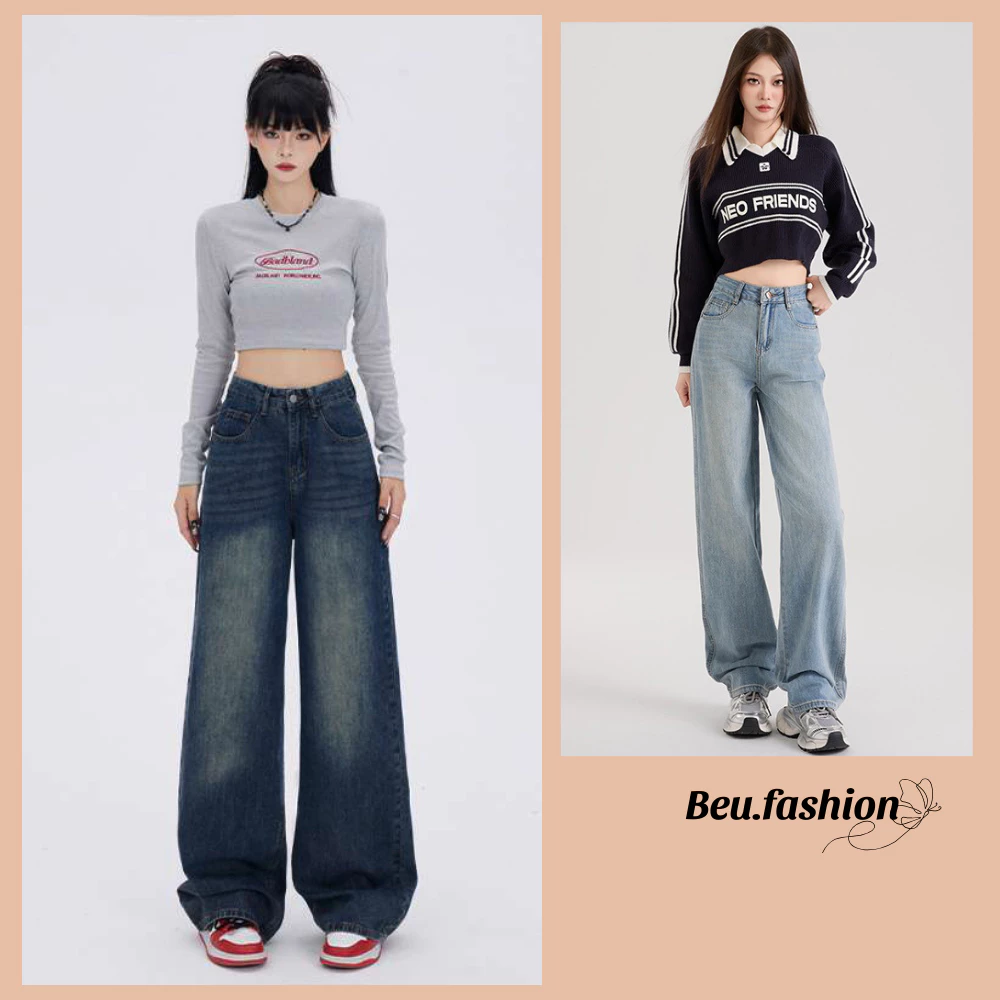 Quần Jean nữ ống rộng cạp cao MIAA dáng suông ôm eo, Quần bò suông nữ wash bụi màu đen ống suông phong cách style