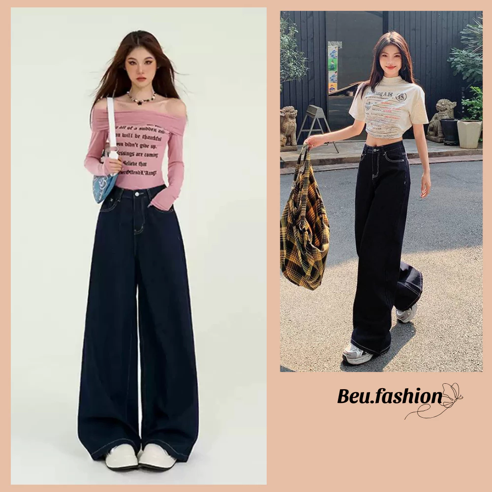 Quần jean Ống Suông Màu Xanh Than MIAA Chỉ Nổi Lưng Cao tôn dáng vibe thu đông ống rộng 28cm
