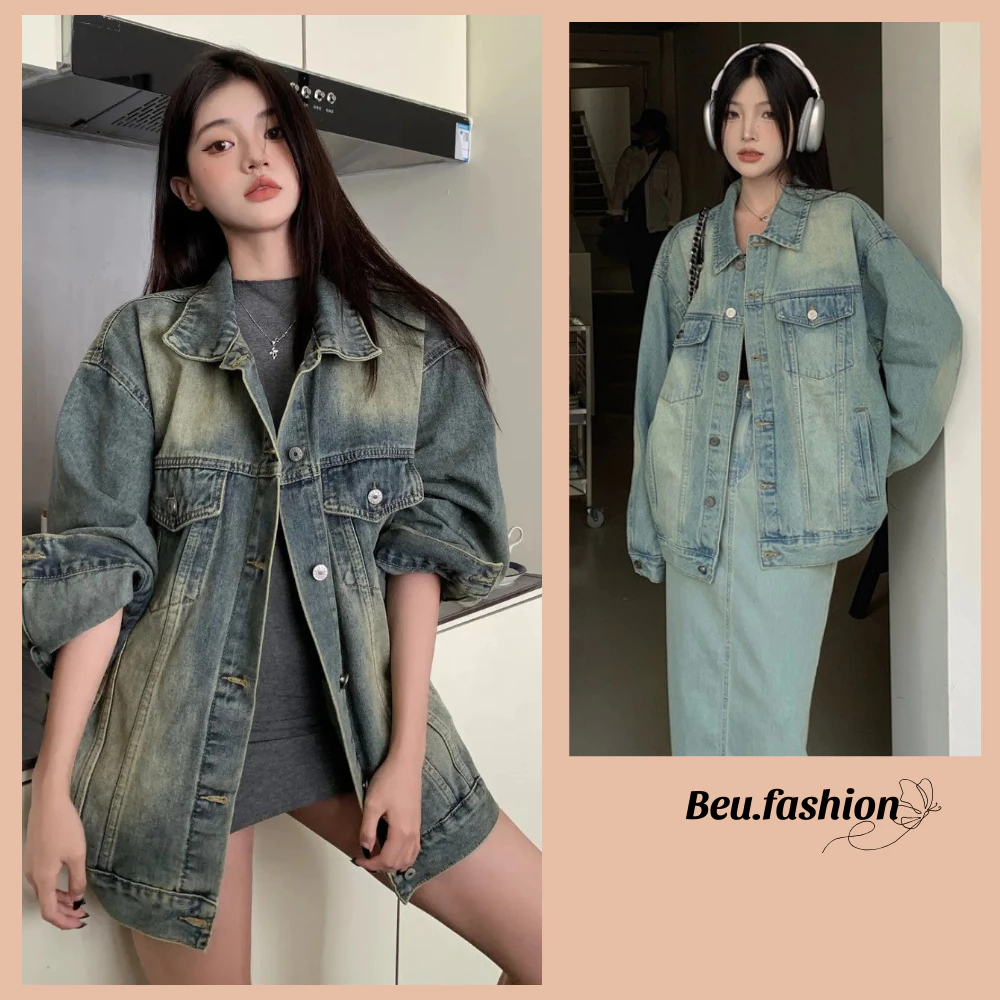 Áo Khoác jean nữ trơn cúc cài Unisex nam nữ Form Rộng MIAA ,áo khoác bò dáng suông phong cách trẻ trung màu xanh đen
