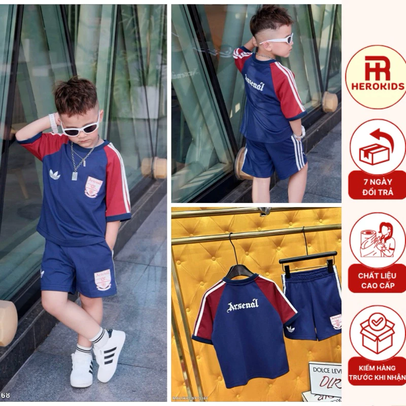 Bộ đồ Bé trai thể thao mặc hè cotton cao cấp thêu logo cỏ ba lá ghép màu than đỏ thêu 3 sọc viền_ 98201