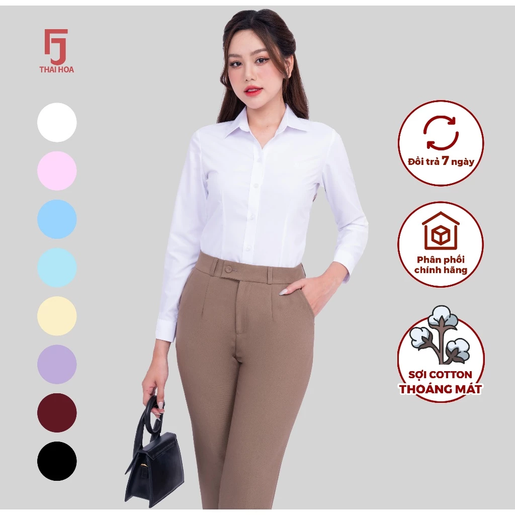 [Livestream] Áo sơ mi nữ Thái Hòa R01 dài tay form ôm vải cotton trơn các màu