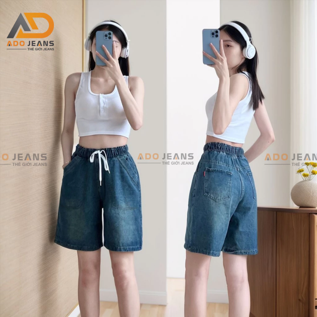 Quần ngố Jean lưng chun dây thắt, lưng thun co giãn có bigsize thương hiệu ADO JEANS (mã SJ11)