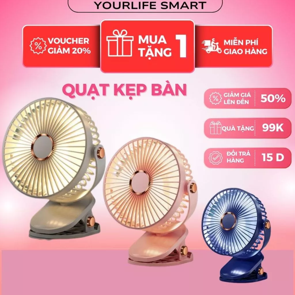Quạt Tích Điện Để Bàn , Quạt Kẹp Xoay 720, Quạt Nhỏ Gọn Tiện Lợi Mang Theo ( Kèm Pin Tích Điện Và Dây Sạc )