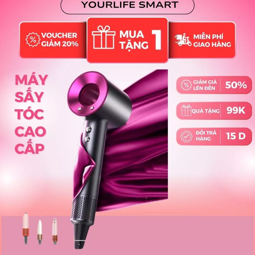 Máy Sấy Tóc Ion Âm 2 Chiều Nóng Lạnh, Máy Sấy Không Cánh 3 Tốc Độ Công Suất 2200W Tặng Kèm Đầu Sấy Bảo Hành 12 tháng
