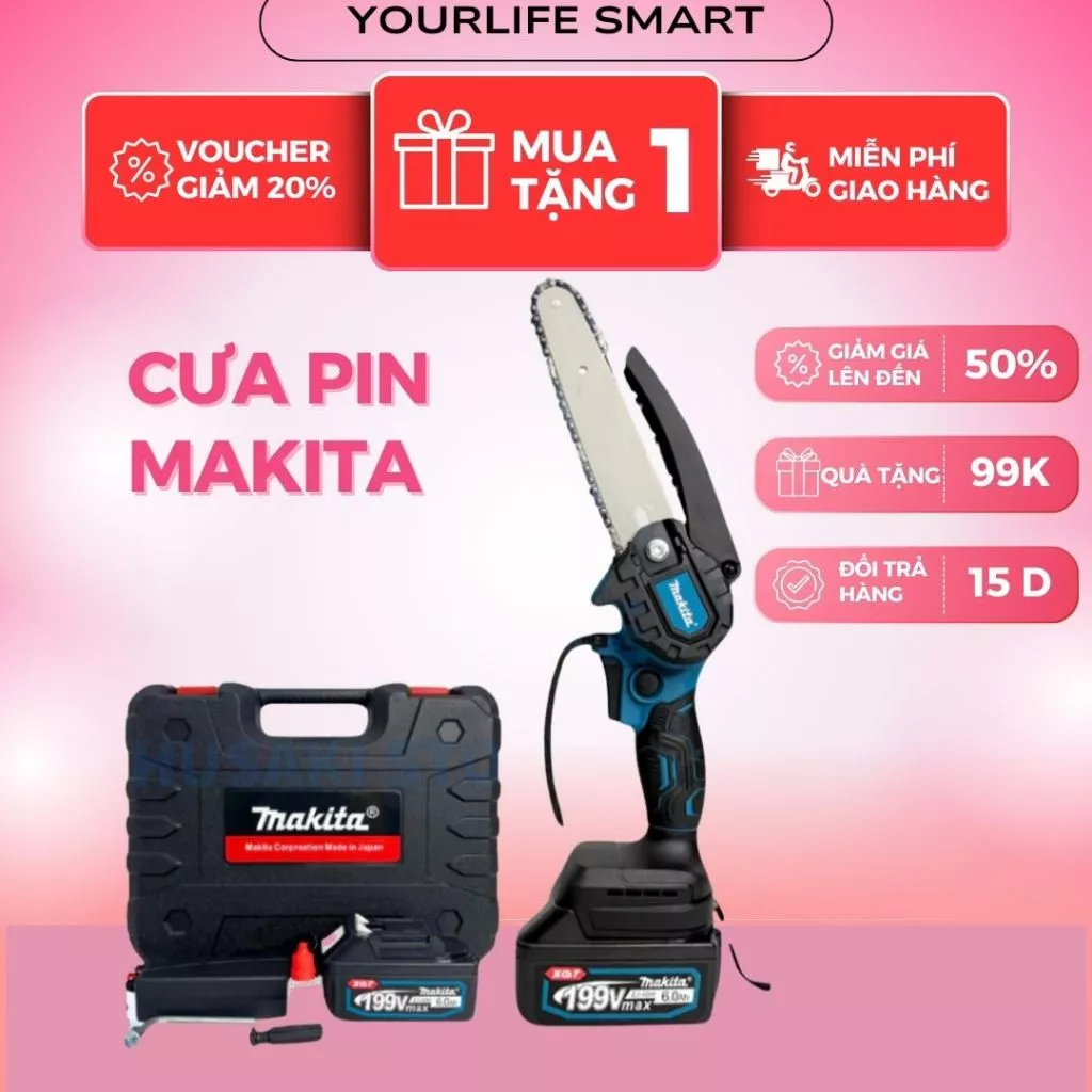 Máy Cưa Xích Dùng Pin MAKITA 199V, Máy Cưa Cầm Tay 2 Pin 5cell Siêu Khỏe Cưa Các Loại Gỗ Cành, Bảo Hành 12 Tháng