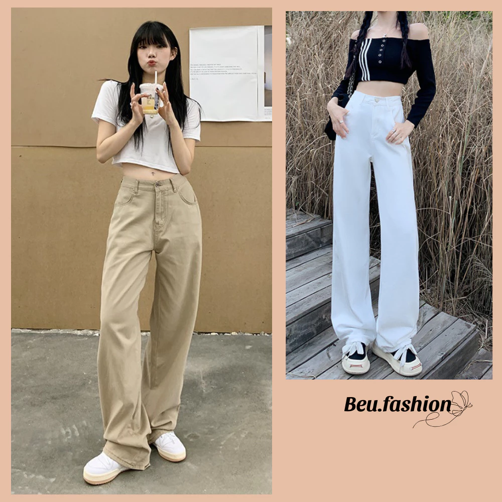 Quần Kaki Nữ trơn Cạp Cao Jean Trắng ống rộng dáng suông đứng MIAA chất Kaki Bò Dáng dài Lưng Cao hack dáng BigSize SML