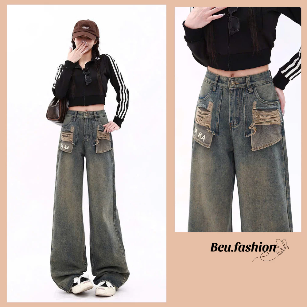 Quần jean cạp cao ống suông rộng MIAA form xuông chất jeans mềm thêu KAKA, quần bò jean ống suông nữ cạp cao màu RETRO