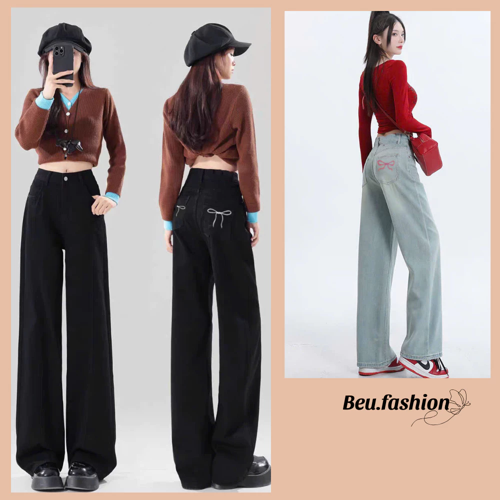 Quần jean nữ suông thêu nơ MIAA cạp cao cực tôn dáng, quần bò ống rộng suông đứng thêu nơ lưng cao nhiều màu đủ size