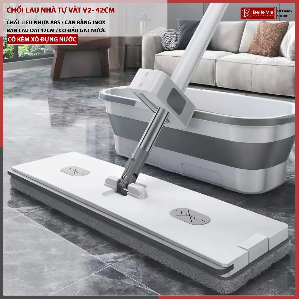 Chổi Lau Nhà Tự Vắt Thông Minh V2-42 Chổi Lau Nhà 360 Độ Bàn Lau 42CM Có Con Lăn Trợ Lực Tiện Lợi