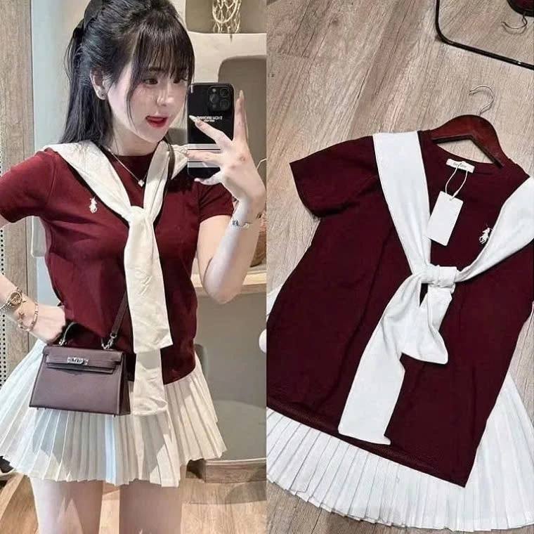 Set Đồ Nữ Sang Chảnh ,set chân váy xếp ly,+ kèm khăn xịn sò sành điệu hot trend