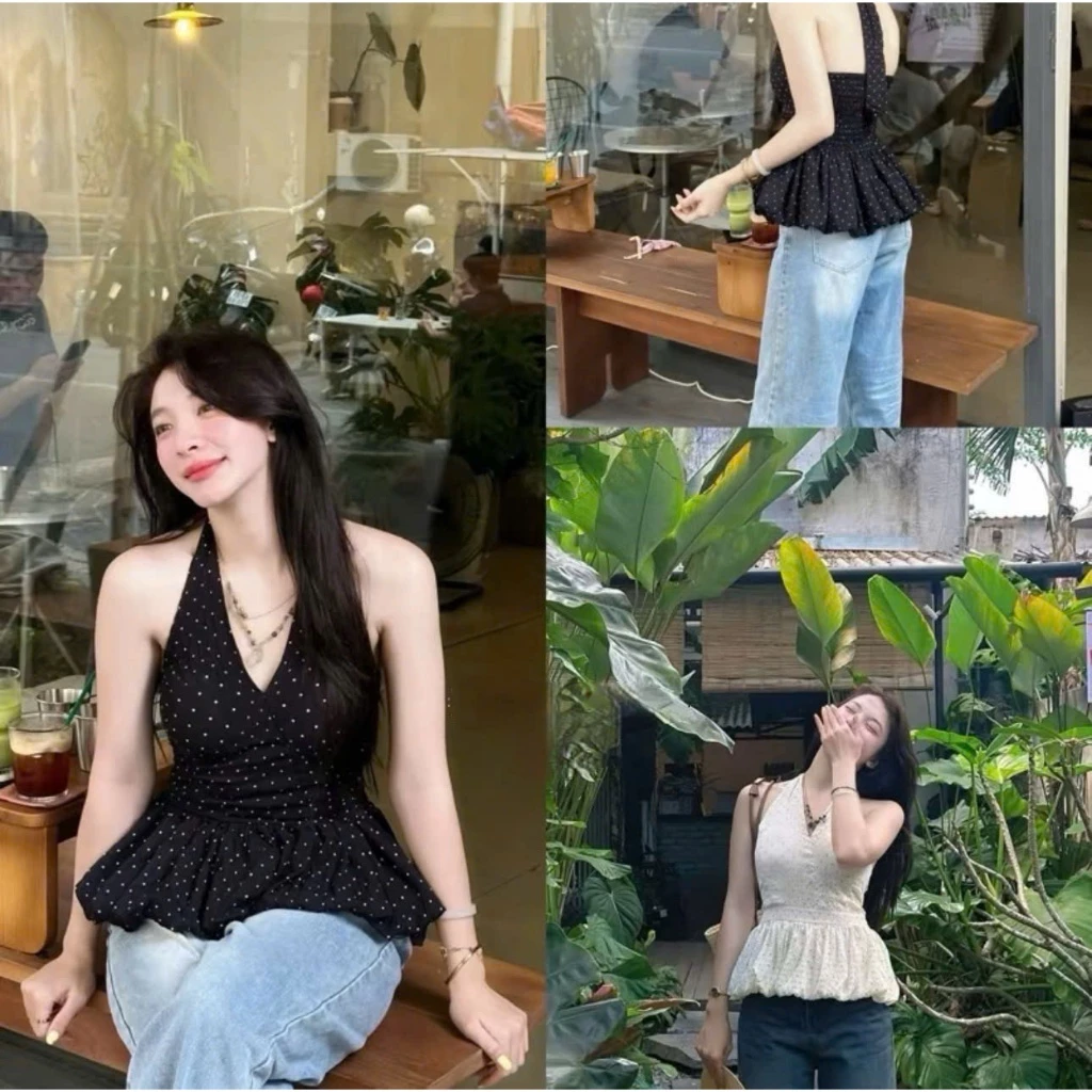 Áo yếm họa tiết chấm bi dáng bí hở lưng chun sau MUZA A54