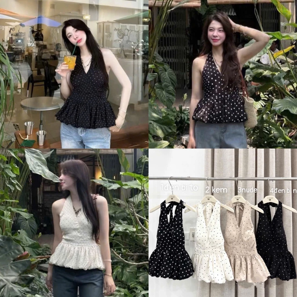 [Hàng Shop]: Áo Peplum Bồng Chấm Bi Thiết Kế Cổ Yếm 4 Màu Có Đệm Ngực Phối Chun Lưng Hàng 2 Lớp Dày Dặn