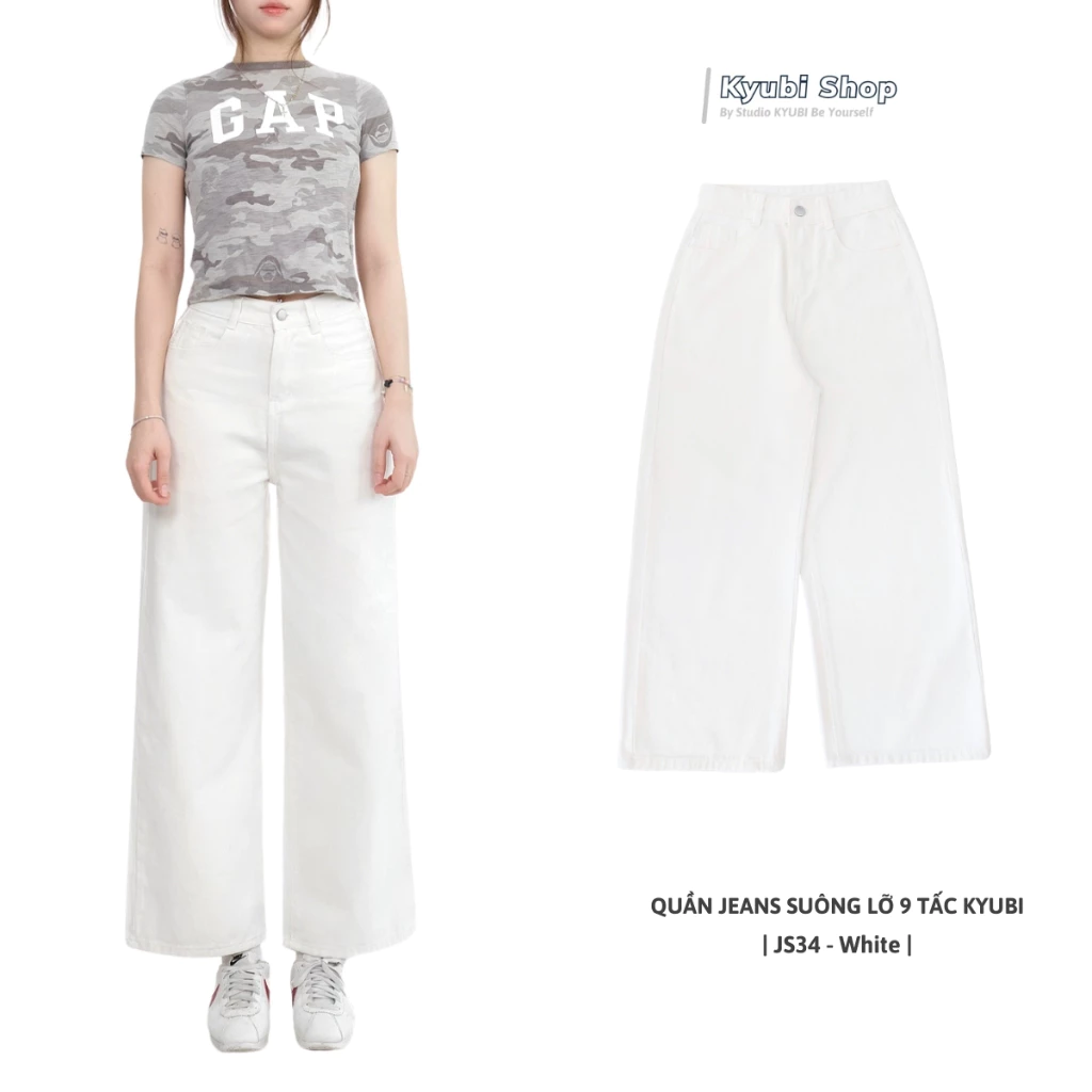 Quần jeans ống rộng dài 9 tấc Nấm Lùn trắng chất liệu Premium cao cấp (có bigsize) - quần bò cao dáng Kyubi JS20