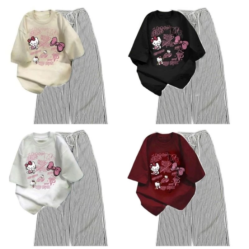 Tổng hợp Sét Bộ Đồ Quần Đũi Kẻ Sọc +Mix áo Phông Mèo cute form rộng tay lỡ chất cotton