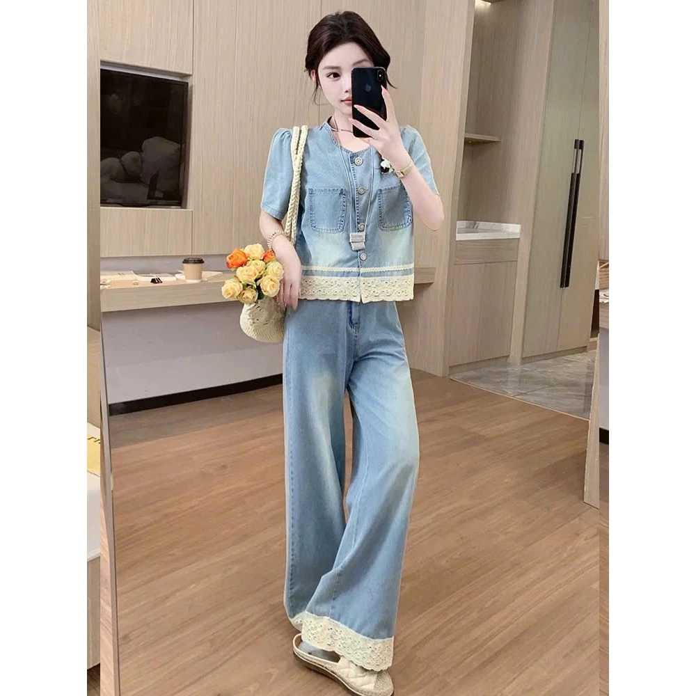 Set bộ jean phối ren xinh xắn trendy hot hit, Set bộ bò mềm phối ren siêu xinh mẫu mới (HC43)