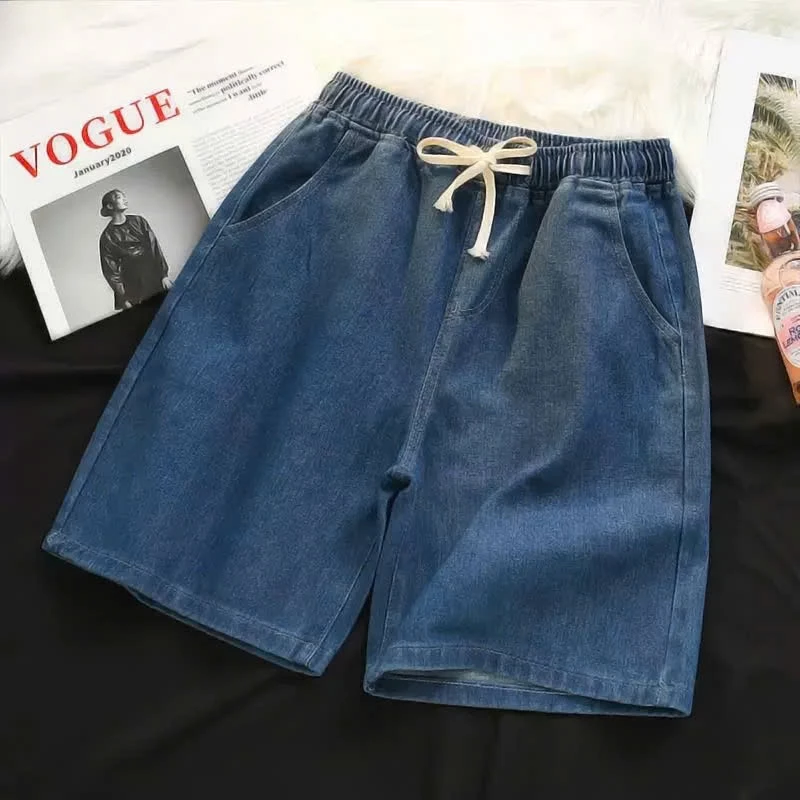Quần short Denim cạp cao có dây rút phong cách trẻ trung unisex, quần thun ống rộng co giãn thoải mái [M42]