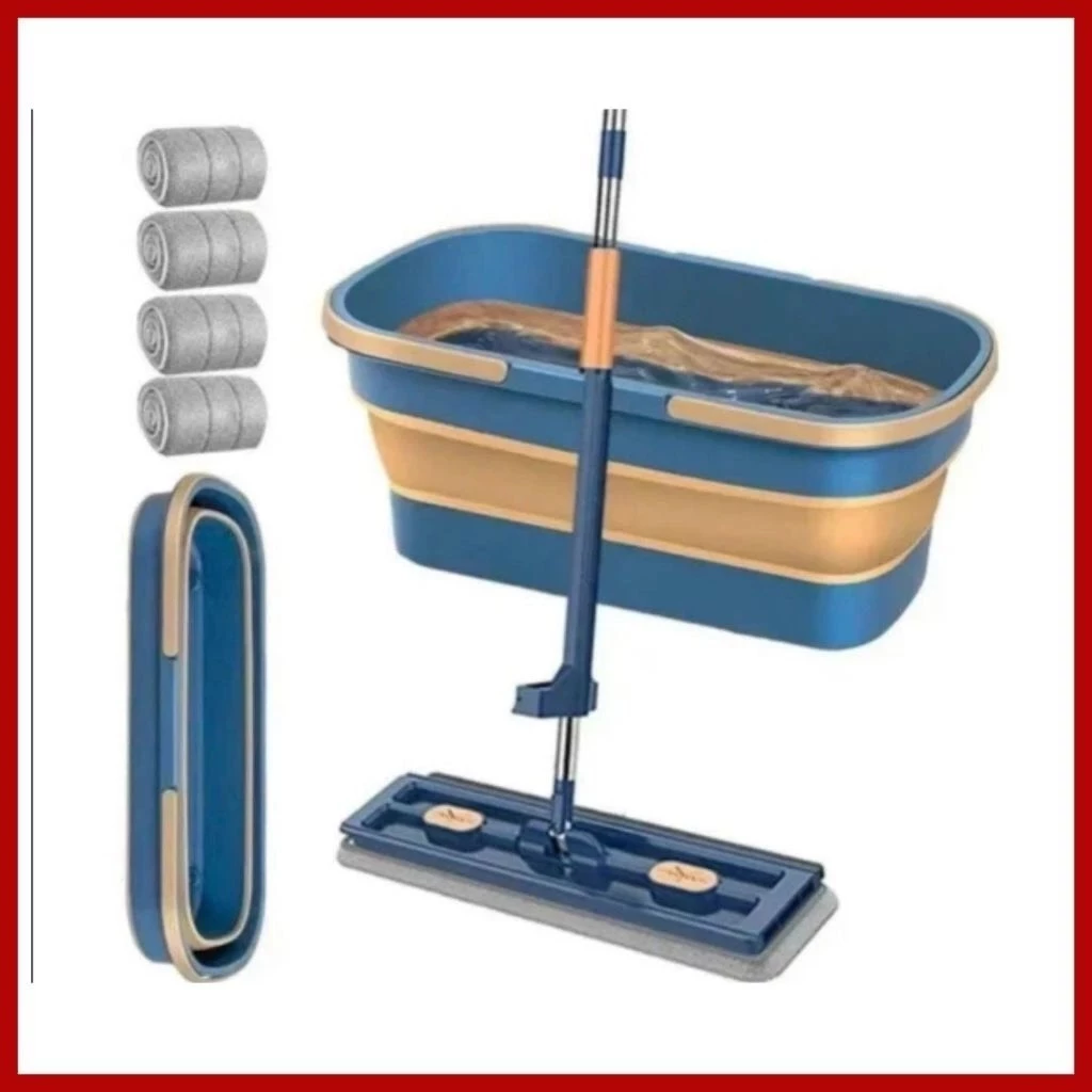 Cây lau nhà tự vắt bàn lau lớn 45cm + kèm xô gấp gọn 4 bông gạt nước chổi lau nhà 3 trong 1  ( quét, gạt, tự vắt .v.v.)