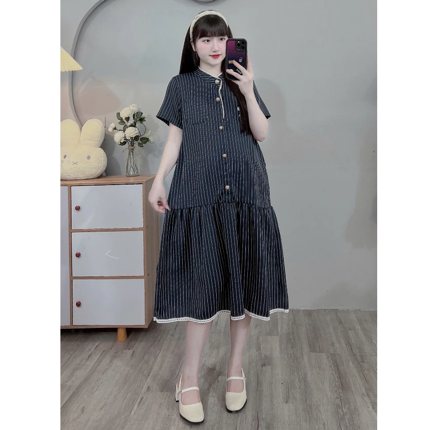 (Đủ size đến 100kg) Váy bầu,đầm bầu Bigsize dáng kẻ chất chéo hàn dày dặn