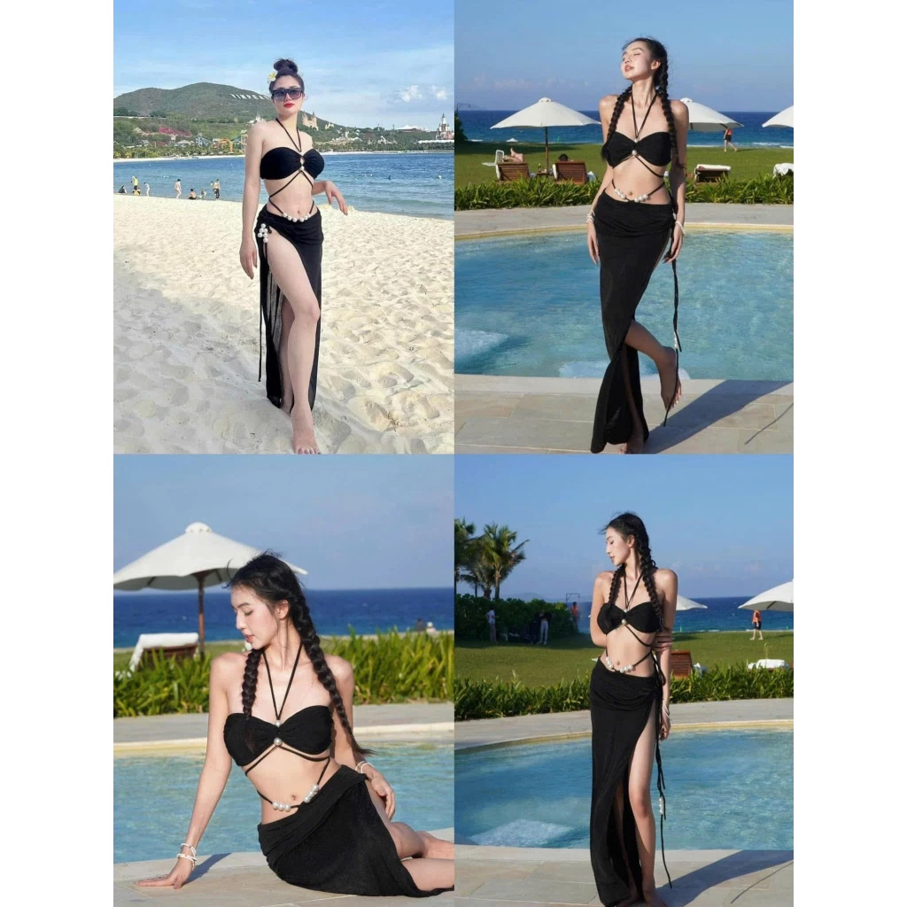 Đồ bơi đi biển, Sét bikini bộ ba chi tiết KẾT NG.ỌC Sang chảnh kèm quây dài tôn dáng Lanbi