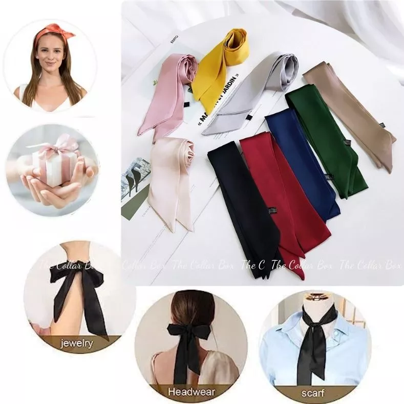 Khăn turban dài quấn túi xách, quấn tóc thắt lưng chất lụa satin 90x5cm- Khăn thắt nơ cổ áo sơ mi công sở The Collar Box