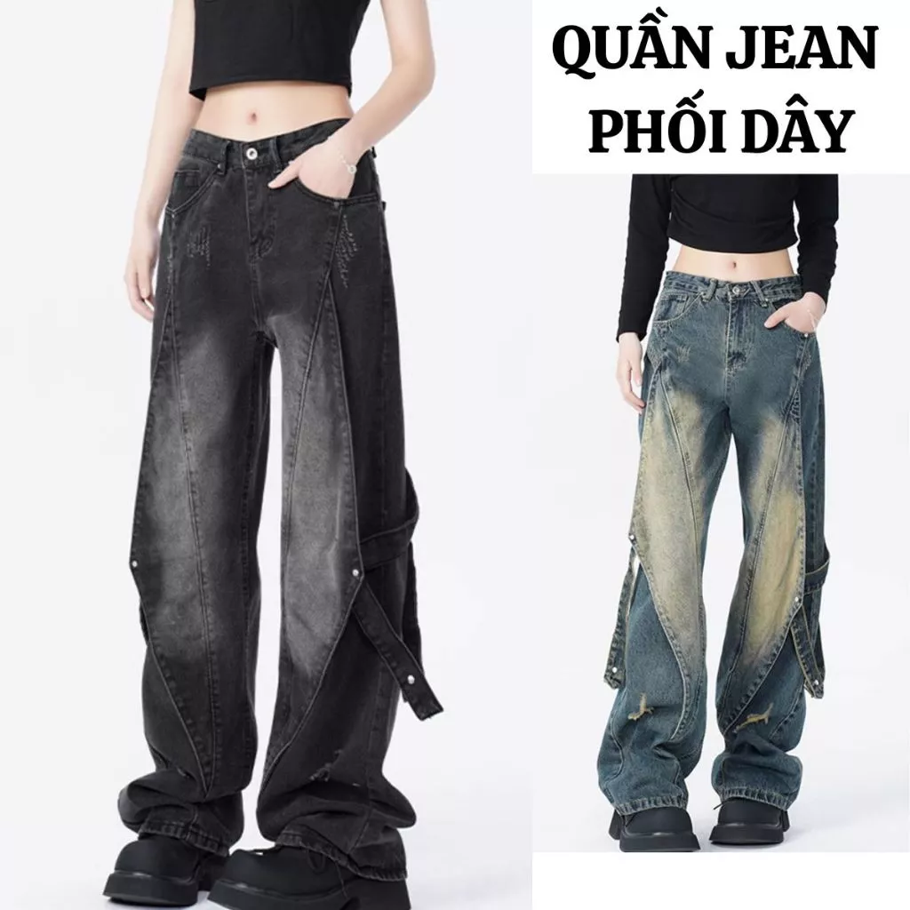 Quần Jean Nữ Phối Dây ống rộng  dáng suông phong cách Streetwear Hot Trend MIAA Cạp cao BIGSIZE STYLE Đường phố
