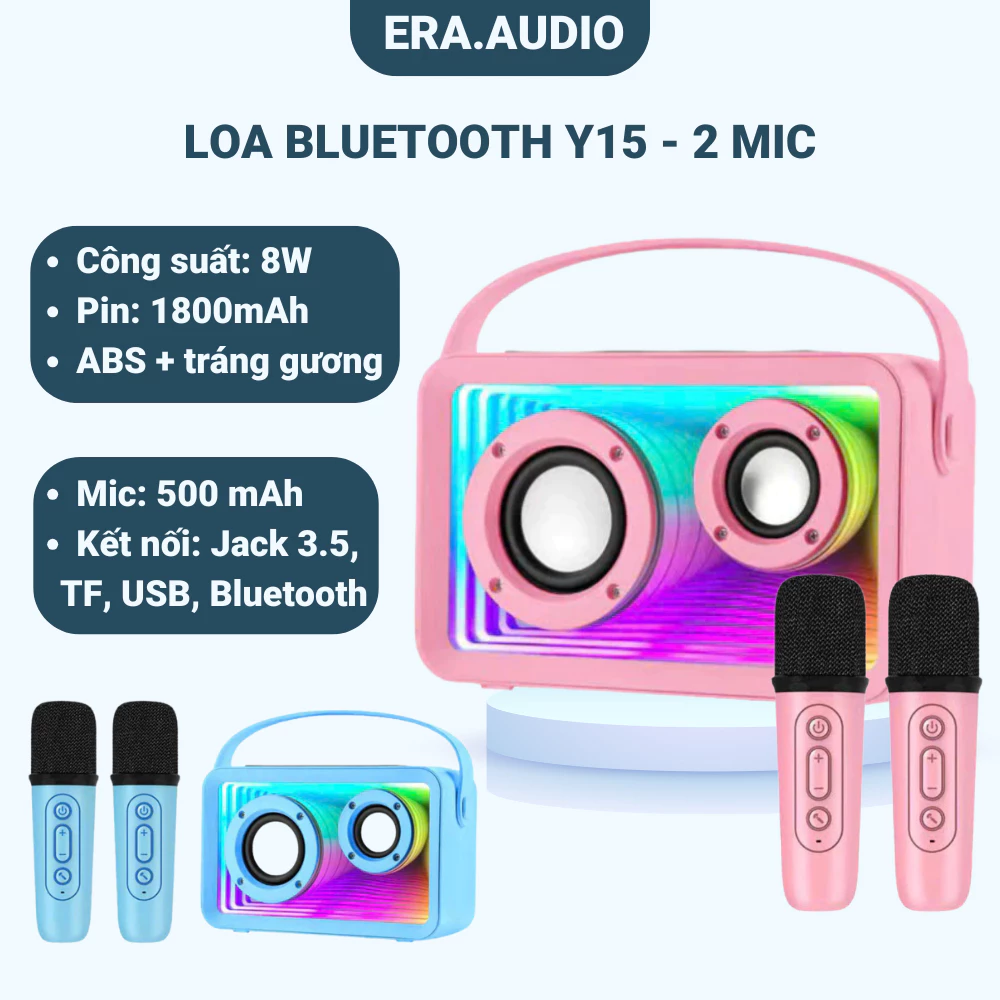 Loa Bluetooth Karaoke Y15 kèm 2 mic, Loa Mini Decor LED RCB mặt gương bass căng nghe nhạc hát hay