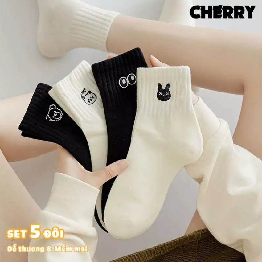 Set 5 đôi tất nữ cổ cao phong cách hiện đại chất liệu cotton co giãn thoáng khí - Cherry shop