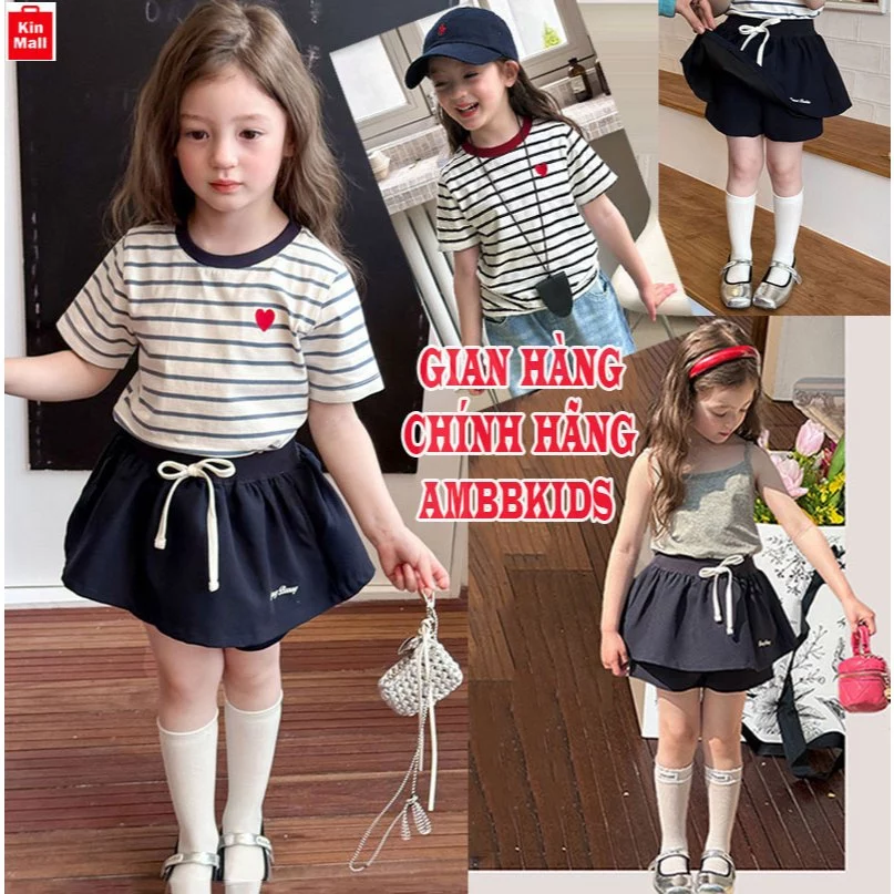 NEW (10-35kg) Áo Thun Cộc Tay Kẻ Ngang Thêu Họa Tiết Trái Tim xinh như Hot Girl cho Bé Gái - chính hãng AMBBKIDS