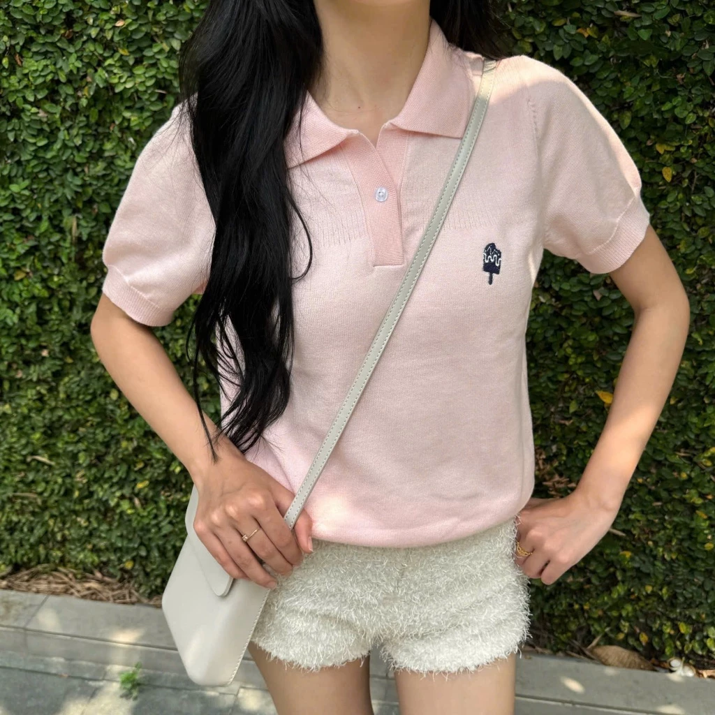 Calem.Club - Áo Polo Nữ Dệt Kim ICEPOP họa tiết Thêu Mini vải trơn form nữ áo len nữ
