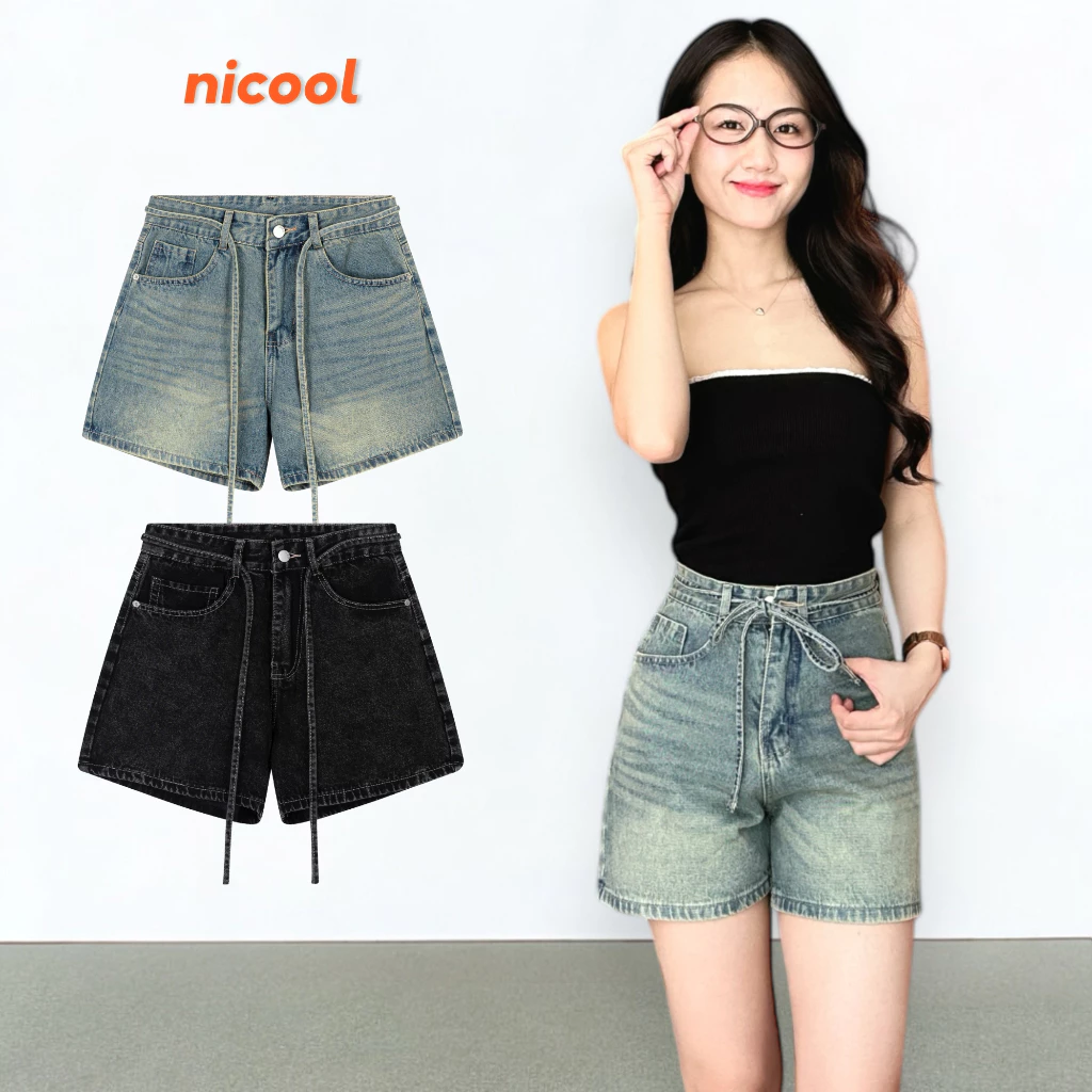 Quần Short Jean Nữ Ngắn Nicool Lưng Cao Kèm Dây Quần Đùi Bò Ống Rộng Năng Động Tôn Dáng N41-D5